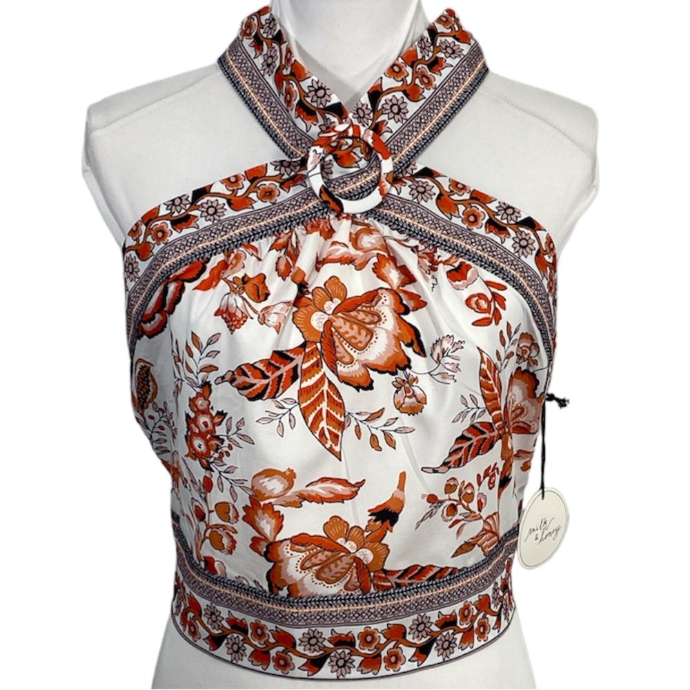 Floral Halter Neck Blouse - Orange and White